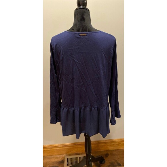 Michael Kors Blouse Plus Sz XL Top Navy Ruffle Hem Bell Long Sleeves Dressy Chic - Picture 5 of 10